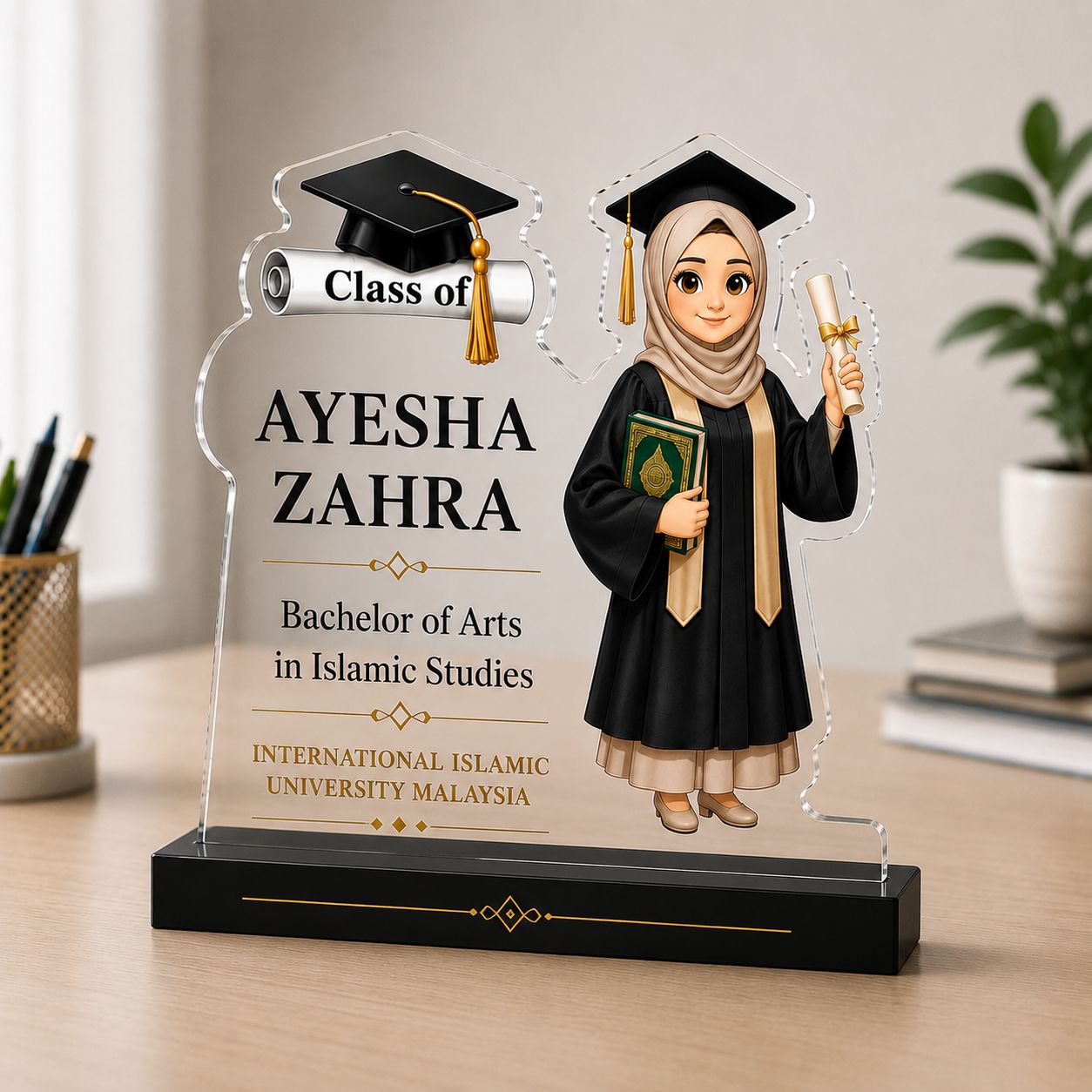 Custom Contour Female Graduation Acrylic Plaque with black base